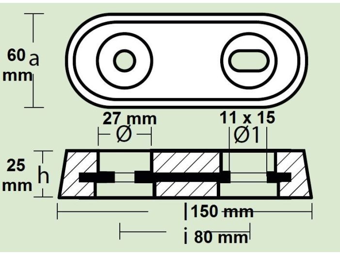 Анод двушшпилевый для транцев или перо руля 00220