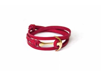 Шкіряний браслет Verge на руку з латунним полірованим якорем, червоний
