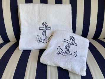 Комплект 2 рушники білих з якорем, 140x70, 70x40см.