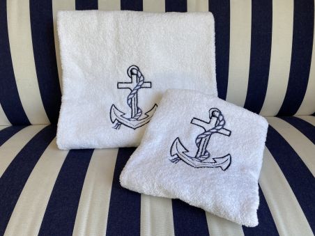 Комплект 2 рушники білих з якорем, 140x70, 70x40см.