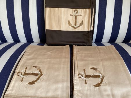Комплект постільної білизни коричневий з вишитим якорем, полуторний 160х220 см.