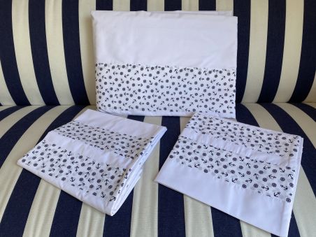 Комплект постільної білизни білий з чорними якорями та штурвалами, двоспальний 210х220 см.